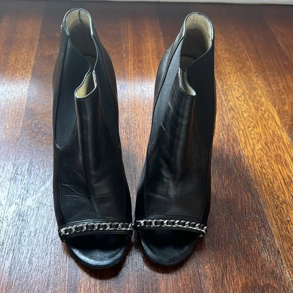 Chanel Women's Chain Peep Open Toe Booties Leather Black Lambskin